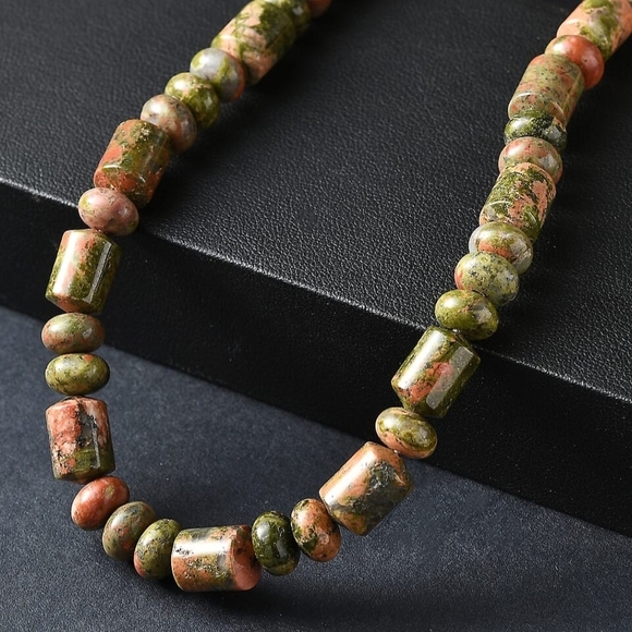 UNAKITE 265.0 CTW TUMBLE AND BEADED NECKLACE IN STAINLESS STEEL. 18 INCHES.NWT - Picture 2 of 4